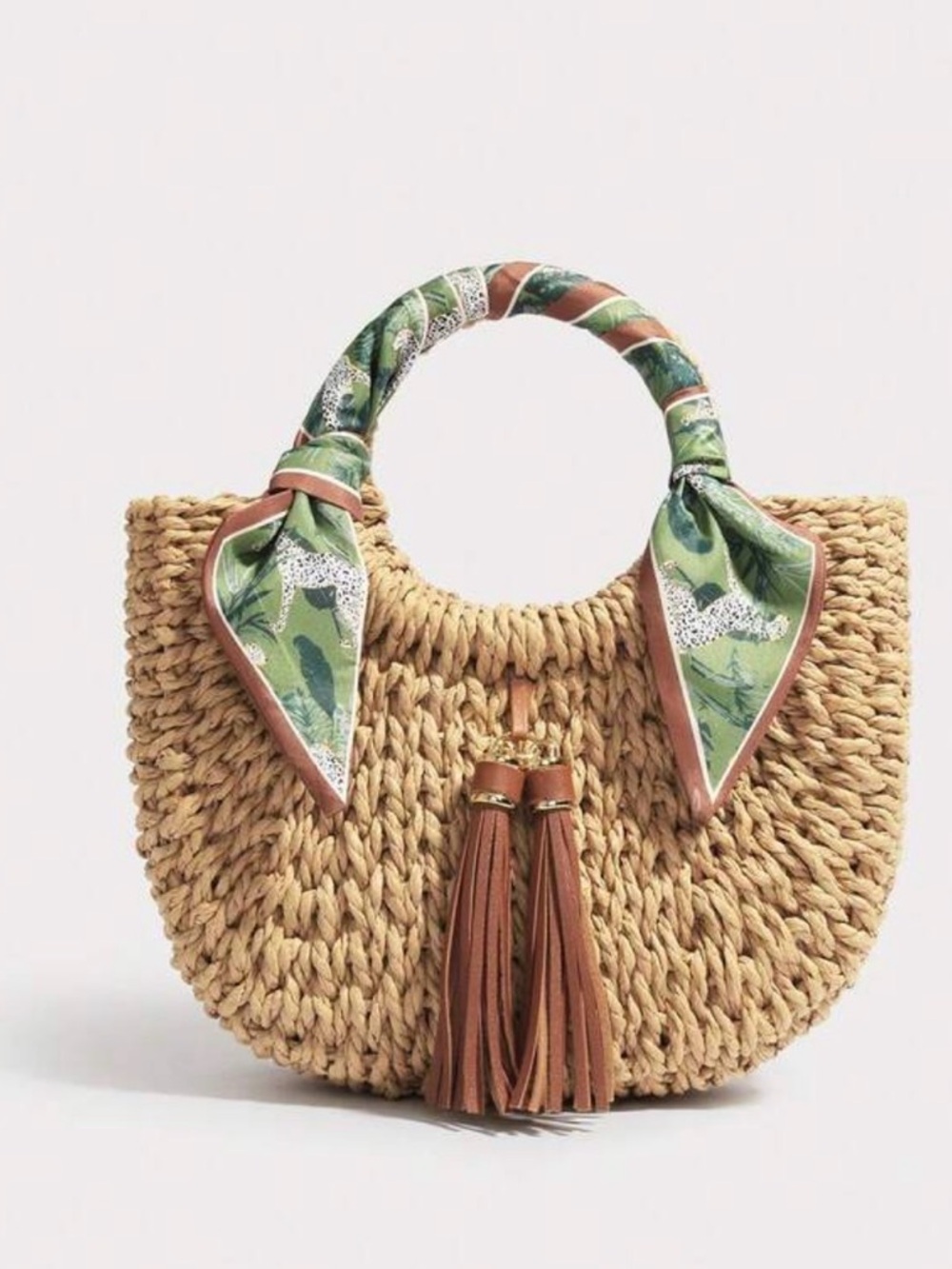 Woven Straw Tote with Green Scarf-Trim and Brown Tassels